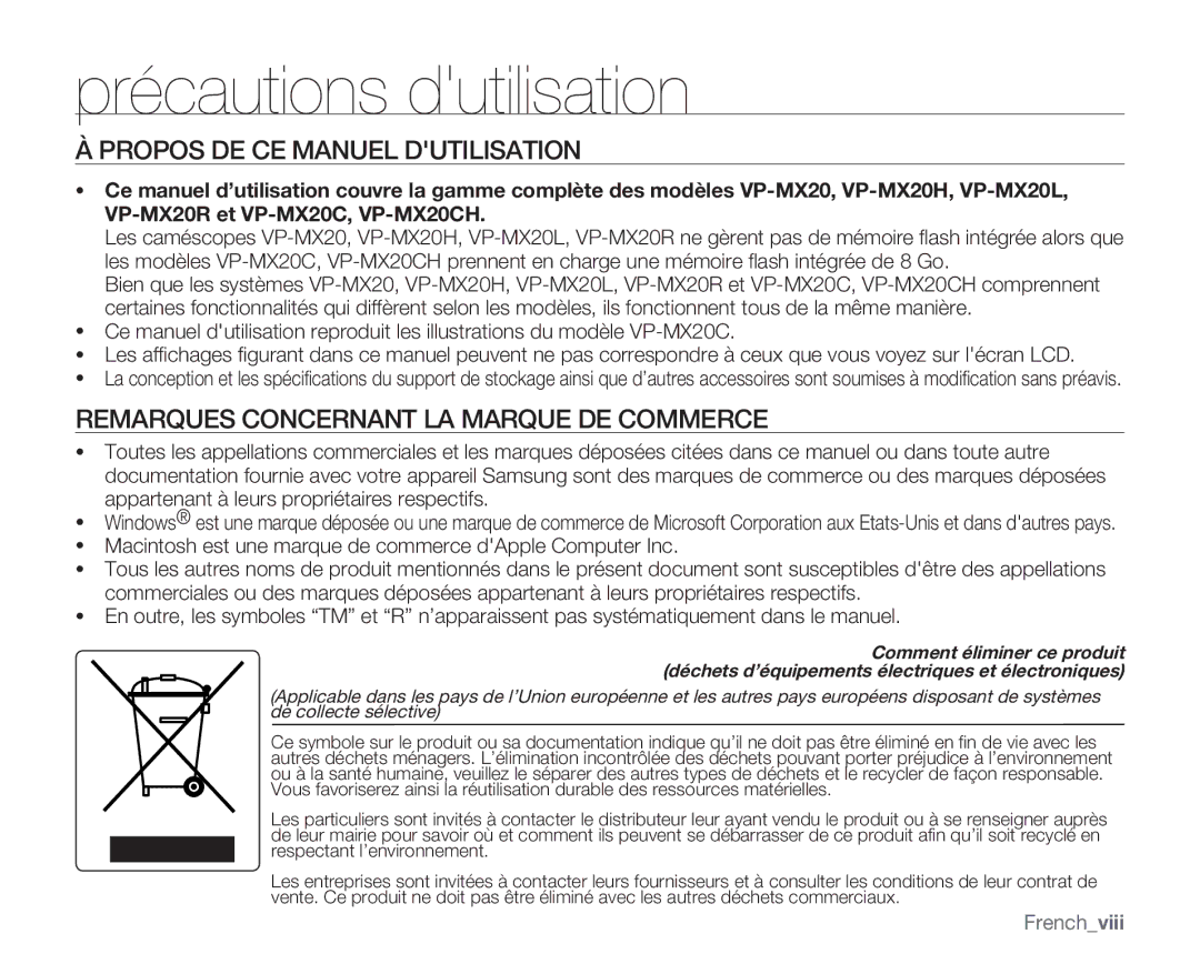 Samsung VP-MX20C/EDC, VP-MX20/EDC Propos DE CE Manuel Dutilisation, Remarques Concernant LA Marque DE Commerce, Frenchviii 