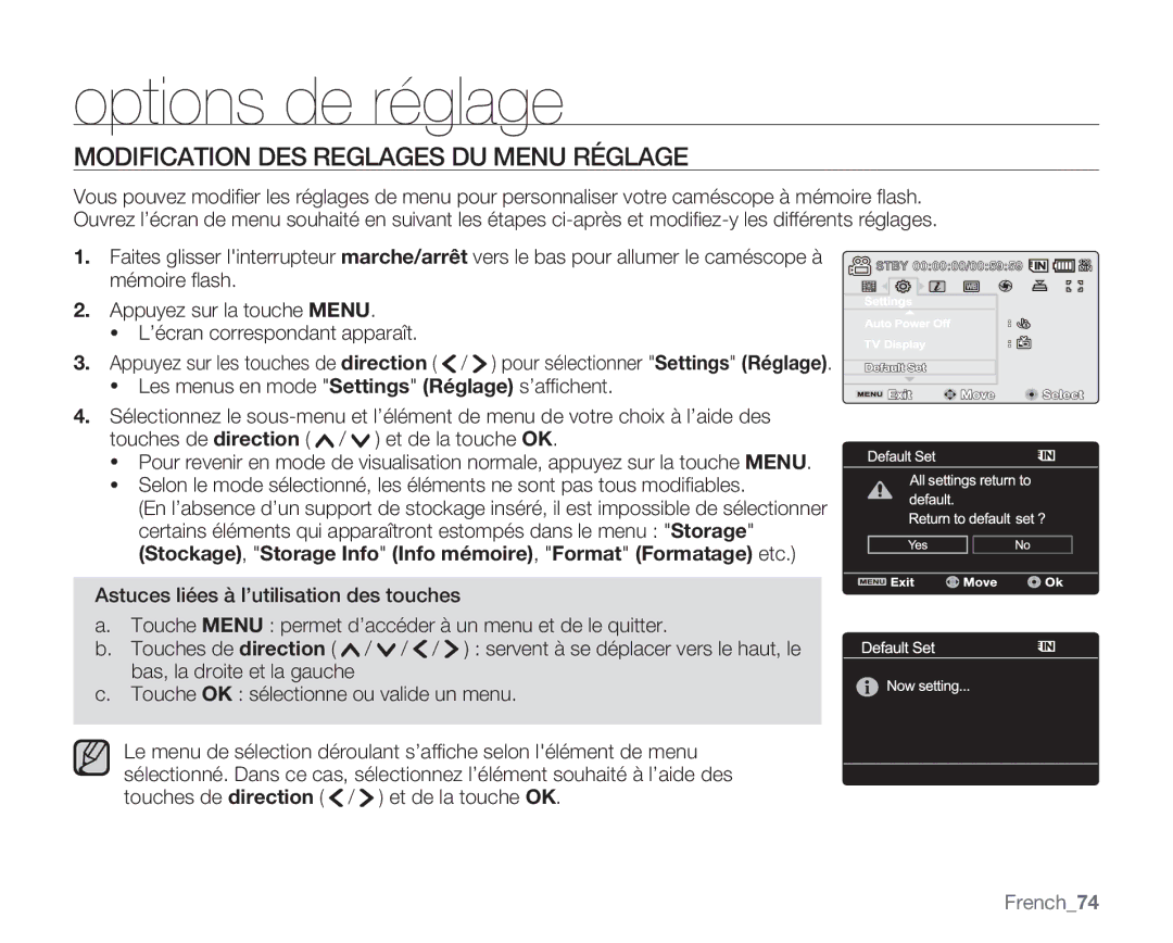 Samsung VP-MX20C/EDC, VP-MX20R/EDC, VP-MX20/EDC Options de réglage, Modification DES Reglages DU Menu Réglage, French74 