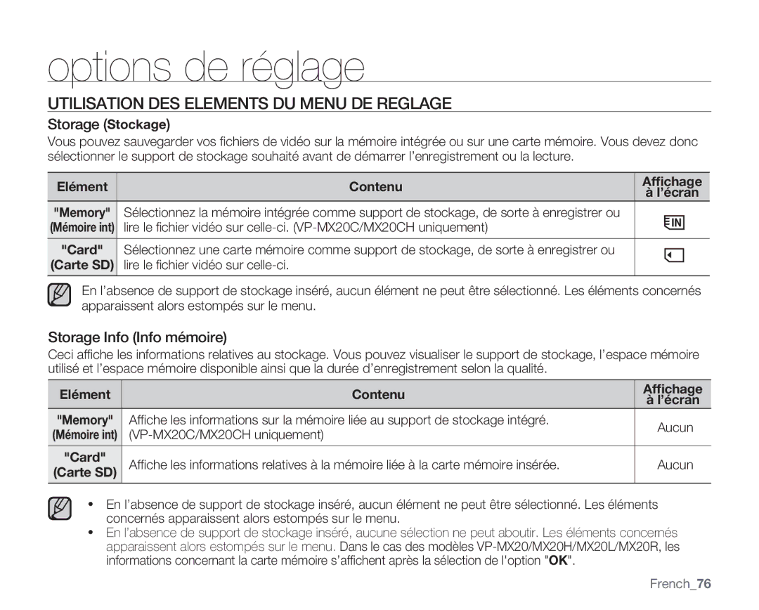 Samsung VP-MX20/EDC Utilisation DES Elements DU Menu DE Reglage, Storage Stockage, Storage Info Info mémoire, French76 