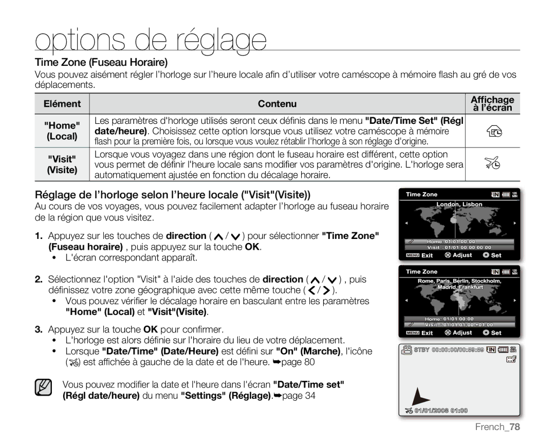 Samsung VP-MX20R/EDC, VP-MX20/EDC, VP-MX20C/EDC manual Options de réglage 