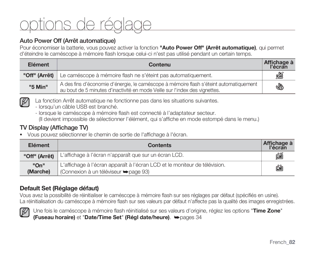 Samsung VP-MX20/EDC Auto Power Off Arrêt automatique, TV Display Afﬁchage TV, Elément Contents, Connexion à un téléviseur 