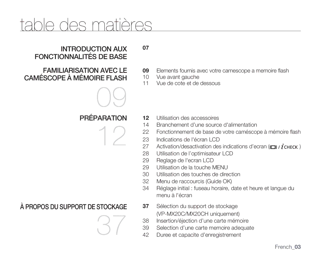 Samsung VP-MX20R/EDC, VP-MX20/EDC, VP-MX20C/EDC manual Table des matières, Préparation, French03 