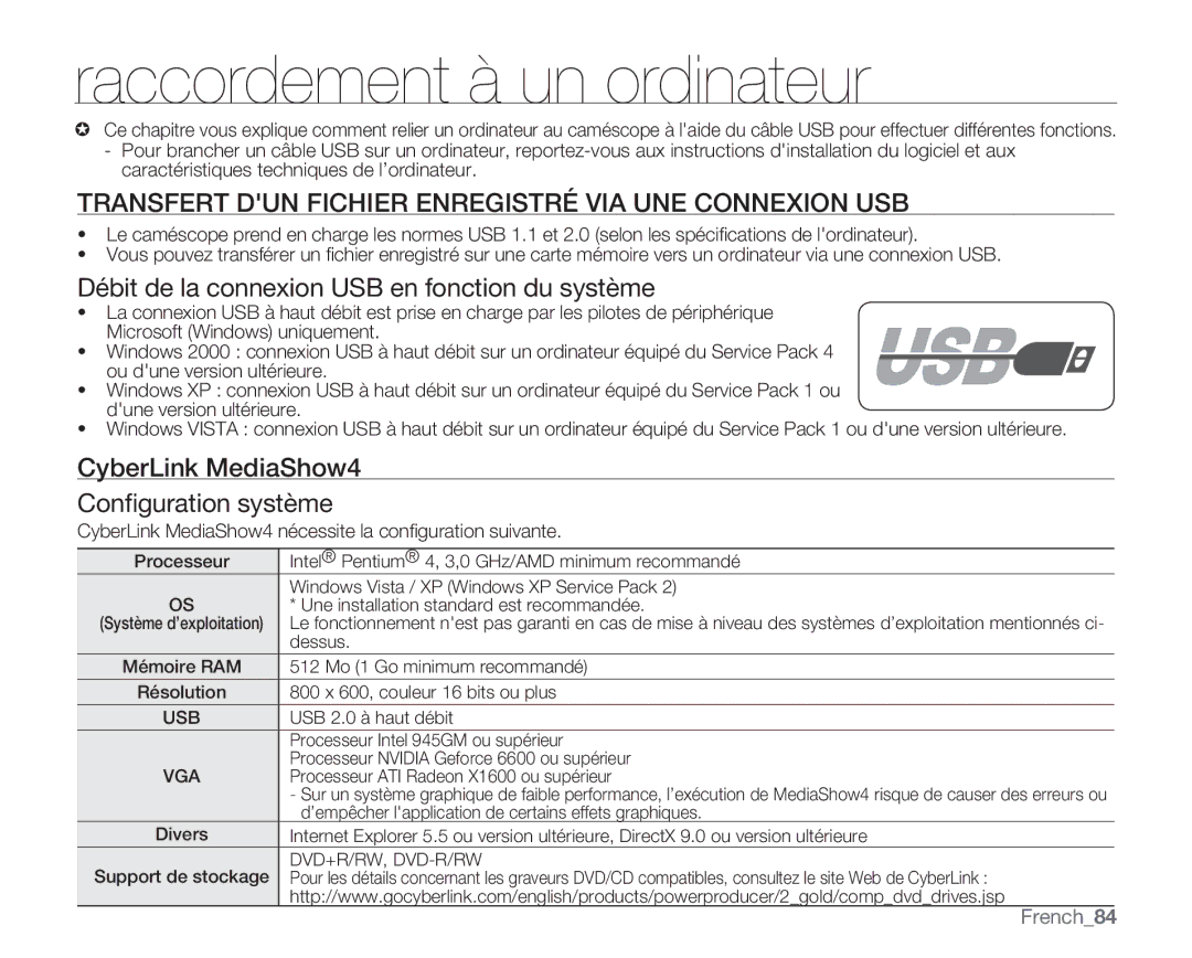 Samsung VP-MX20R/EDC manual Raccordement à un ordinateur, Transfert DUN Fichier Enregistré VIA UNE Connexion USB, French84 