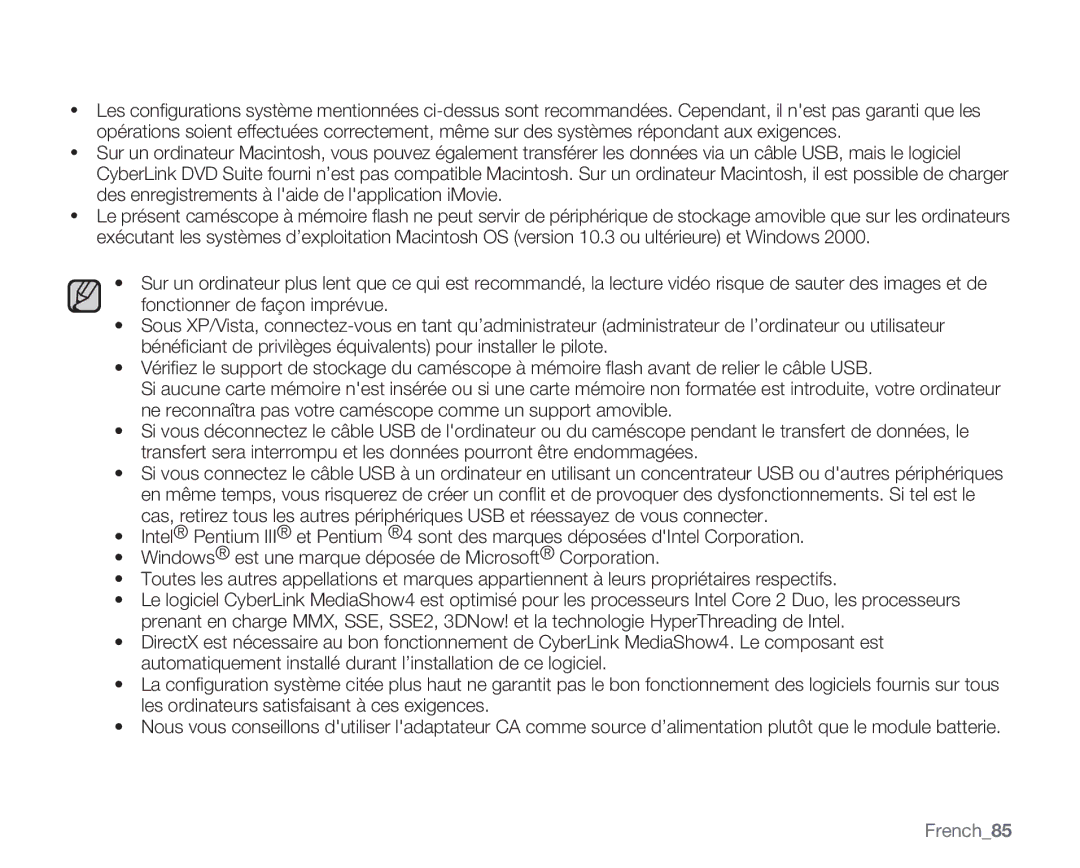 Samsung VP-MX20/EDC, VP-MX20R/EDC, VP-MX20C/EDC manual French85 