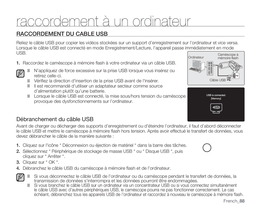 Samsung VP-MX20/EDC, VP-MX20R/EDC, VP-MX20C/EDC manual Raccordement DU Cable USB, Débranchement du câble USB, French88 