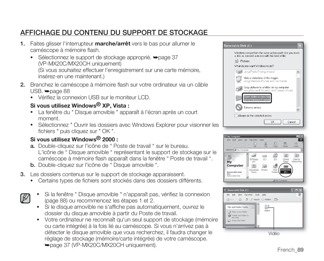 Samsung VP-MX20C/EDC manual Affichage DU Contenu DU Support DE Stockage, Si vous utilisez Windows XP, Vista, French89 