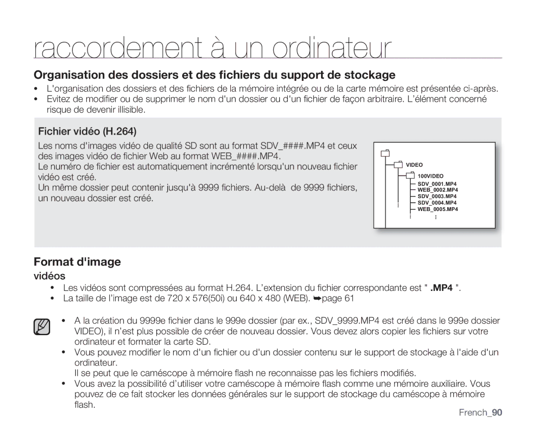 Samsung VP-MX20R/EDC, VP-MX20/EDC, VP-MX20C/EDC manual Fichier vidéo H.264, Vidéos, French90 