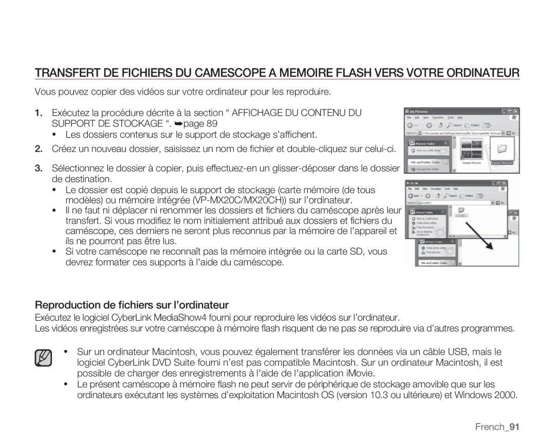 Samsung VP-MX20/EDC, VP-MX20R/EDC, VP-MX20C/EDC manual Reproduction de ﬁchiers sur l’ordinateur, French91 