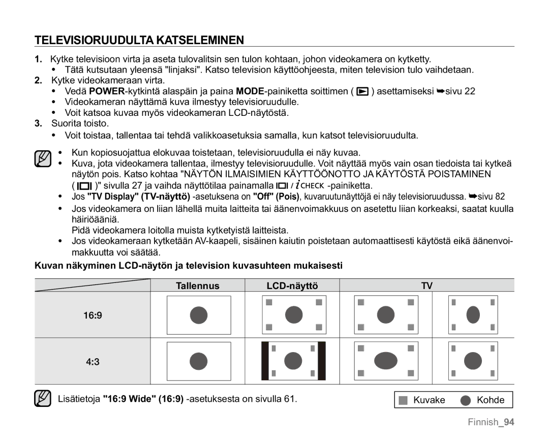 Samsung VP-MX20R/EDC, VP-MX20/EDC, VP-MX20L/EDC, VP-MX20H/EDC, VP-MX20/XEU manual Televisioruudulta Katseleminen 