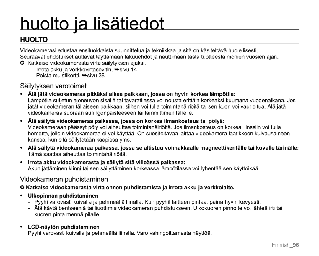 Samsung VP-MX20L/EDC, VP-MX20R/EDC, VP-MX20/EDC, VP-MX20H/EDC, VP-MX20/XEU Huolto ja lisätiedot, LCD-näytön puhdistaminen 