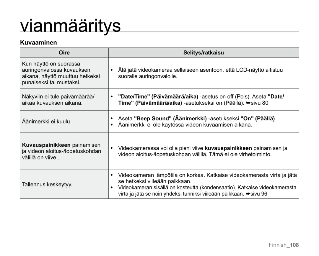 Samsung VP-MX20/XEU, VP-MX20R/EDC Date/Time Päivämäärä/aika -asetus on off Pois. Aseta Date, Kuvauspainikkeen painamisen 