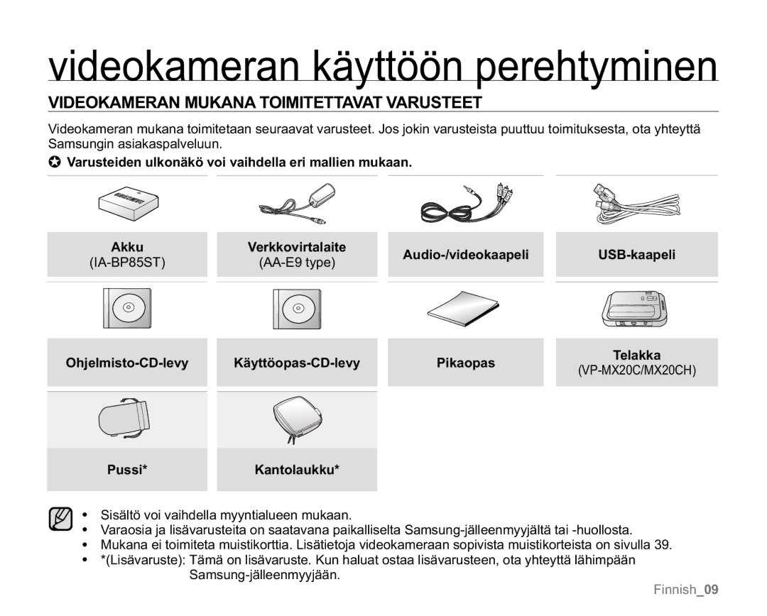 Samsung VP-MX20R/EDC, VP-MX20/EDC manual Videokameran käyttöön perehtyminen, Videokameran Mukana Toimitettavat Varusteet 