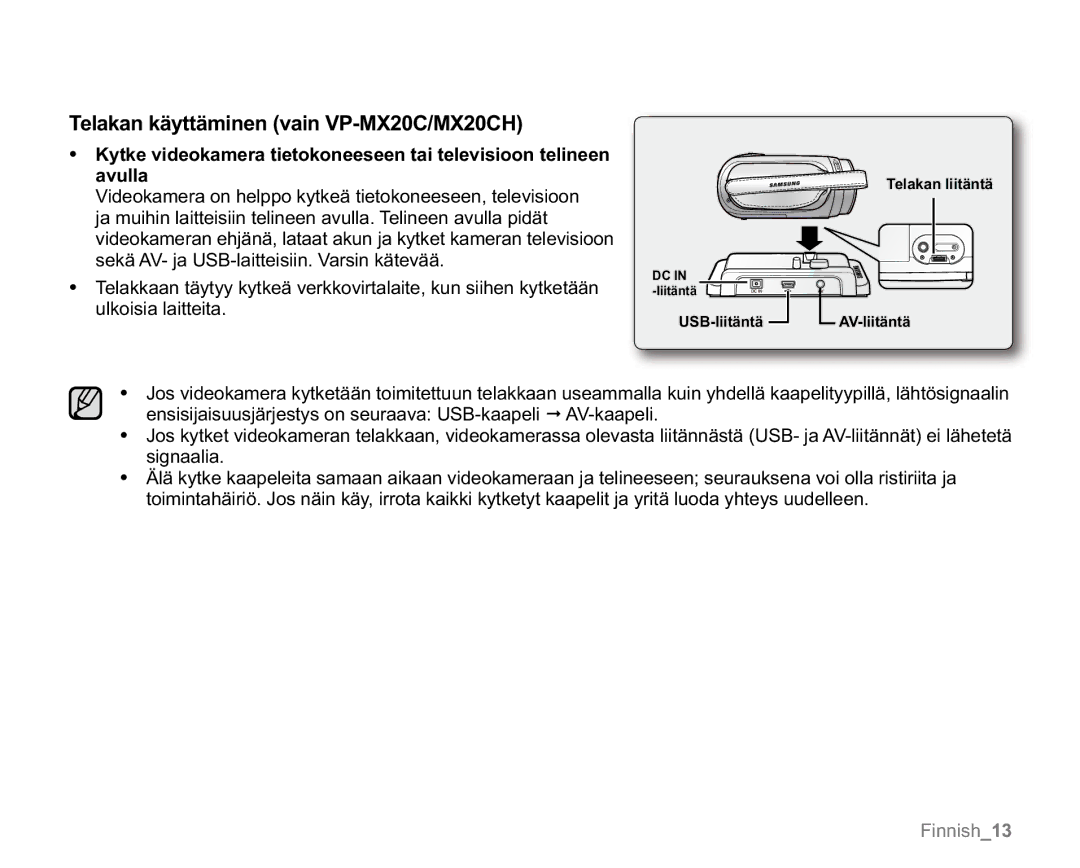 Samsung VP-MX20/XEU, VP-MX20R/EDC, VP-MX20/EDC, VP-MX20L/EDC, VP-MX20H/EDC manual Telakan käyttäminen vain VP-MX20C/MX20CH 