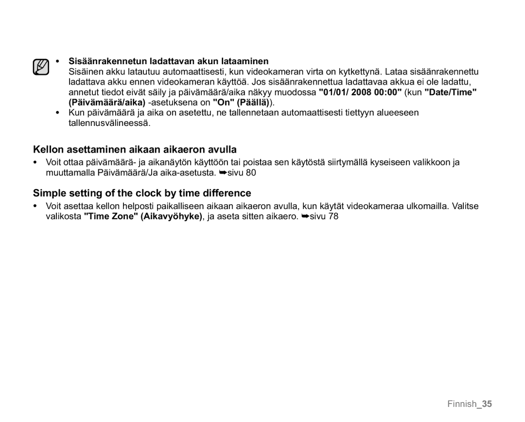 Samsung VP-MX20/EDC, VP-MX20/XEU Kellon asettaminen aikaan aikaeron avulla, Simple setting of the clock by time difference 