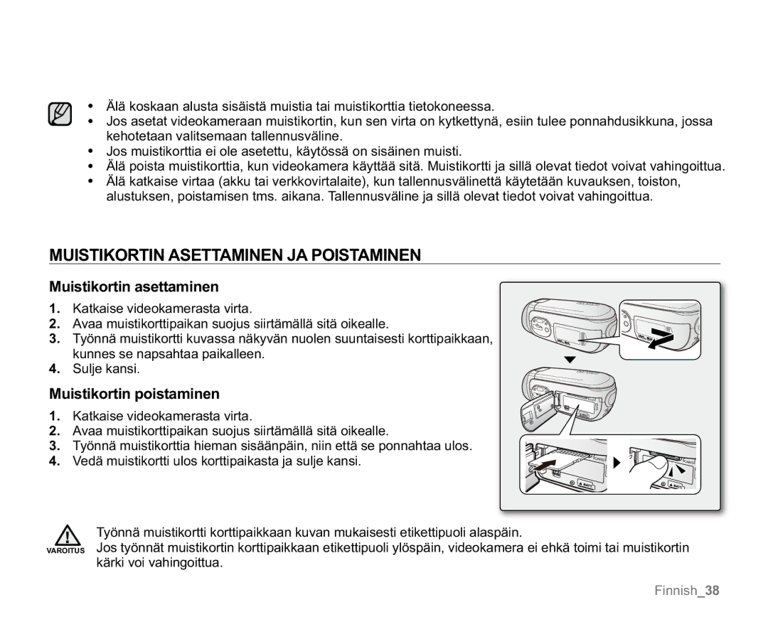 Samsung VP-MX20/XEU manual Muistikortin Asettaminen JA Poistaminen, Muistikortin asettaminen, Muistikortin poistaminen 