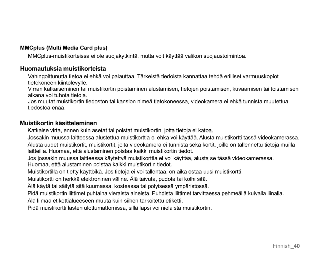 Samsung VP-MX20/EDC, VP-MX20R/EDC Huomautuksia muistikorteista, Muistikortin käsitteleminen, MMCplus Multi Media Card plus 