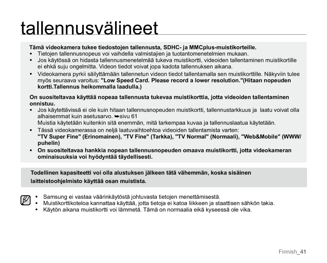 Samsung VP-MX20L/EDC, VP-MX20R/EDC, VP-MX20/EDC, VP-MX20H/EDC, VP-MX20/XEU manual Finnish41 