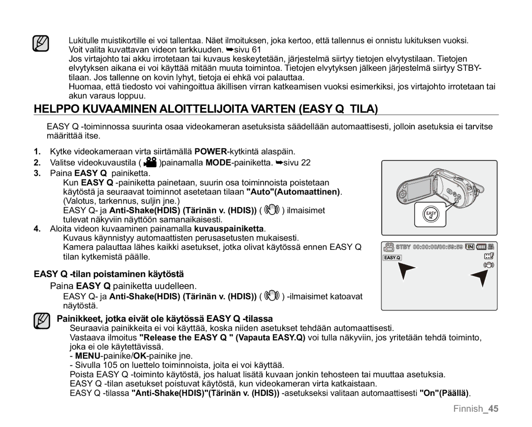 Samsung VP-MX20/EDC, VP-MX20R/EDC Helppo Kuvaaminen Aloittelijoita Varten Easy Q Tila, Easy Q -tilan poistaminen käytöstä 