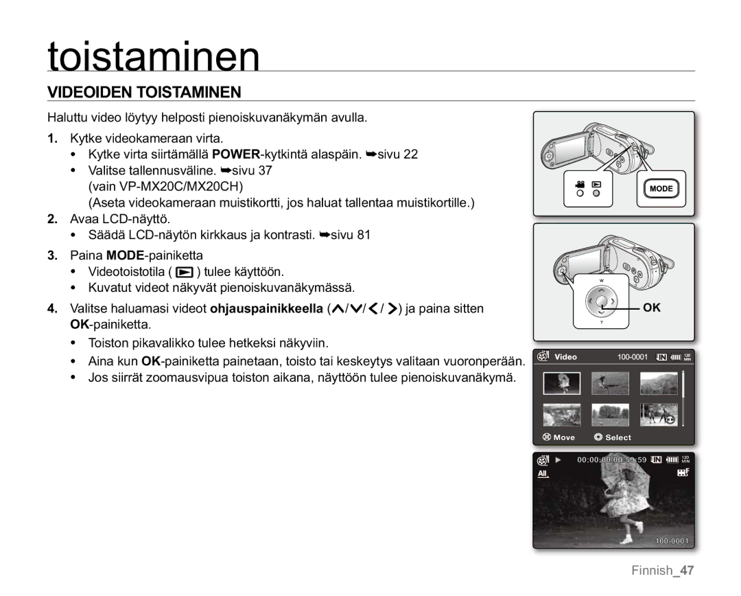 Samsung VP-MX20H/EDC, VP-MX20R/EDC, VP-MX20/EDC, VP-MX20L/EDC, VP-MX20/XEU manual Videoiden Toistaminen 