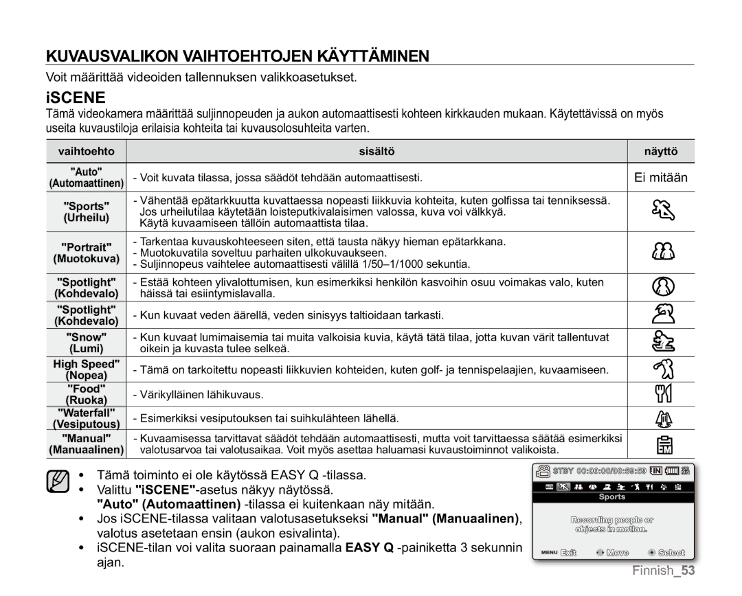 Samsung VP-MX20/XEU, VP-MX20R/EDC, VP-MX20/EDC, VP-MX20L/EDC, VP-MX20H/EDC Kuvausvalikon Vaihtoehtojen Käyttäminen, Iscene 