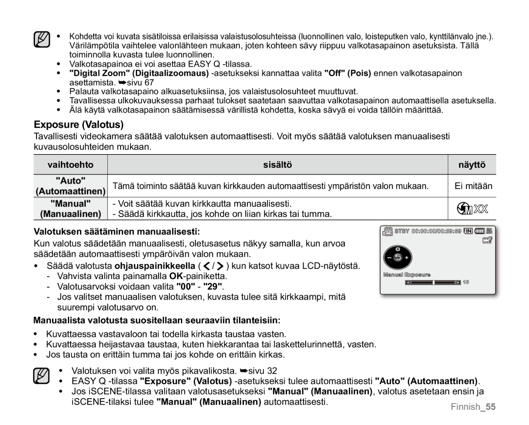 Samsung VP-MX20/EDC, VP-MX20R/EDC, VP-MX20/XEU Exposure Valotus, Sisältö Näyttö, Voit säätää kuvan kirkkautta manuaalisesti 