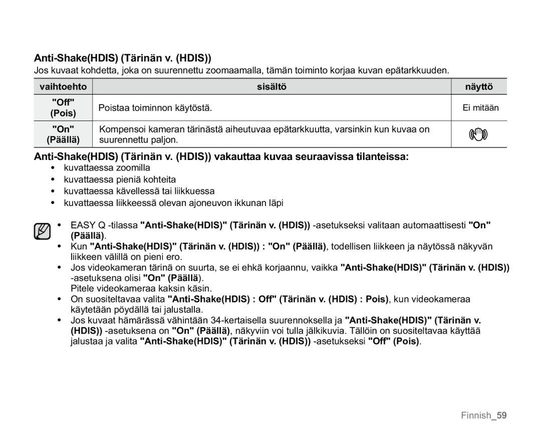 Samsung VP-MX20R/EDC, VP-MX20/EDC manual Anti-ShakeHDIS Tärinän v. Hdis, Poistaa toiminnon käytöstä, Suurennettu paljon 