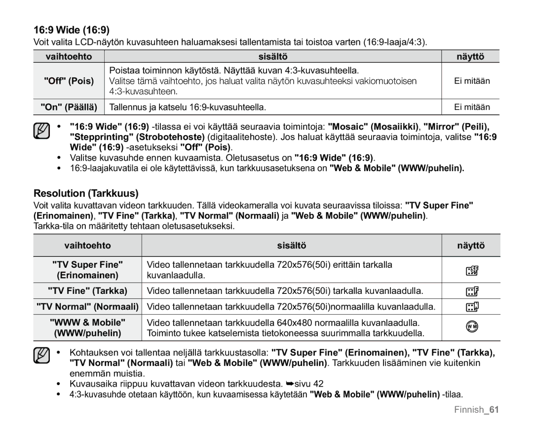 Samsung VP-MX20L/EDC, VP-MX20R/EDC, VP-MX20/EDC, VP-MX20H/EDC, VP-MX20/XEU manual Wide, Resolution Tarkkuus, Erinomainen 