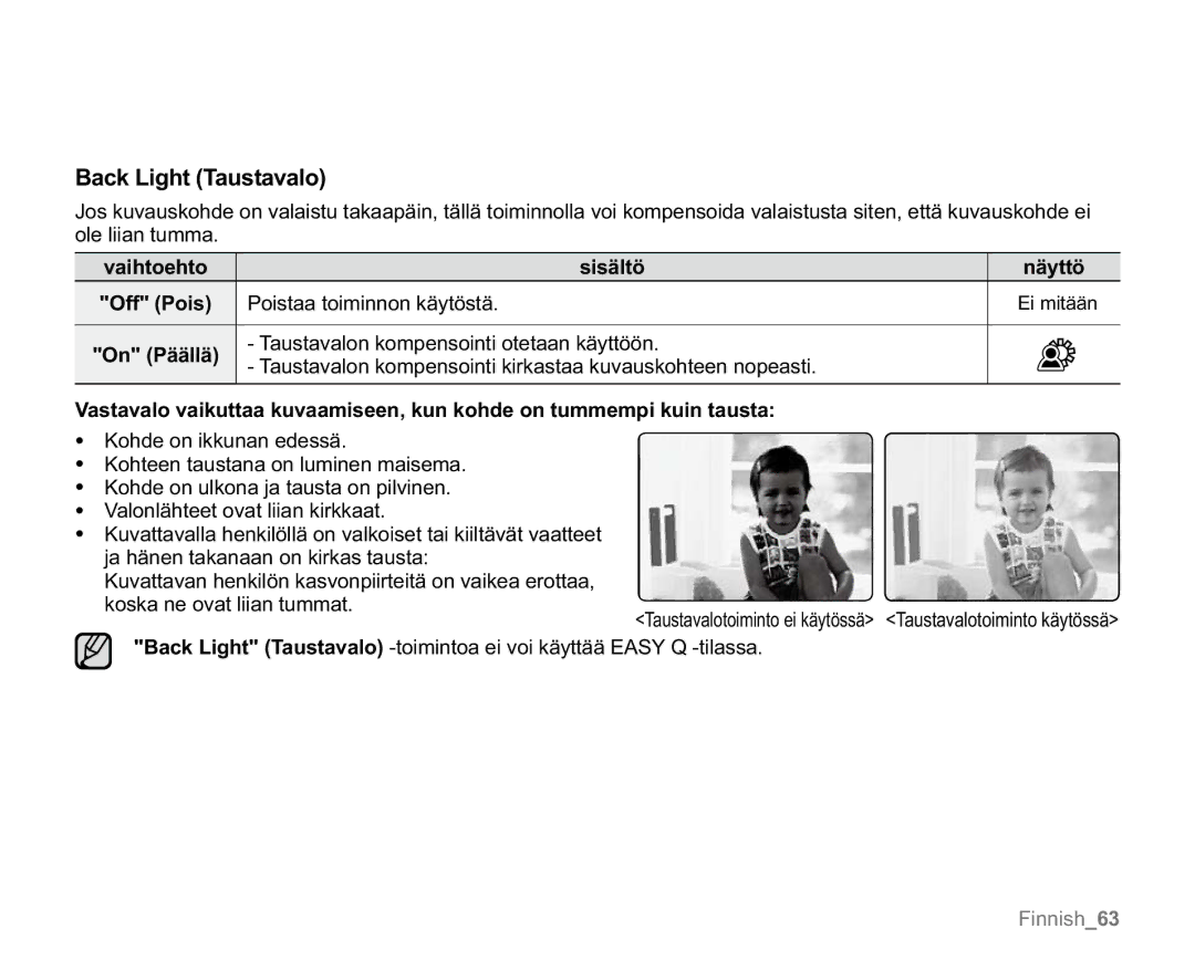 Samsung VP-MX20/XEU, VP-MX20R/EDC, VP-MX20/EDC, VP-MX20L/EDC, VP-MX20H/EDC manual Back Light Taustavalo 