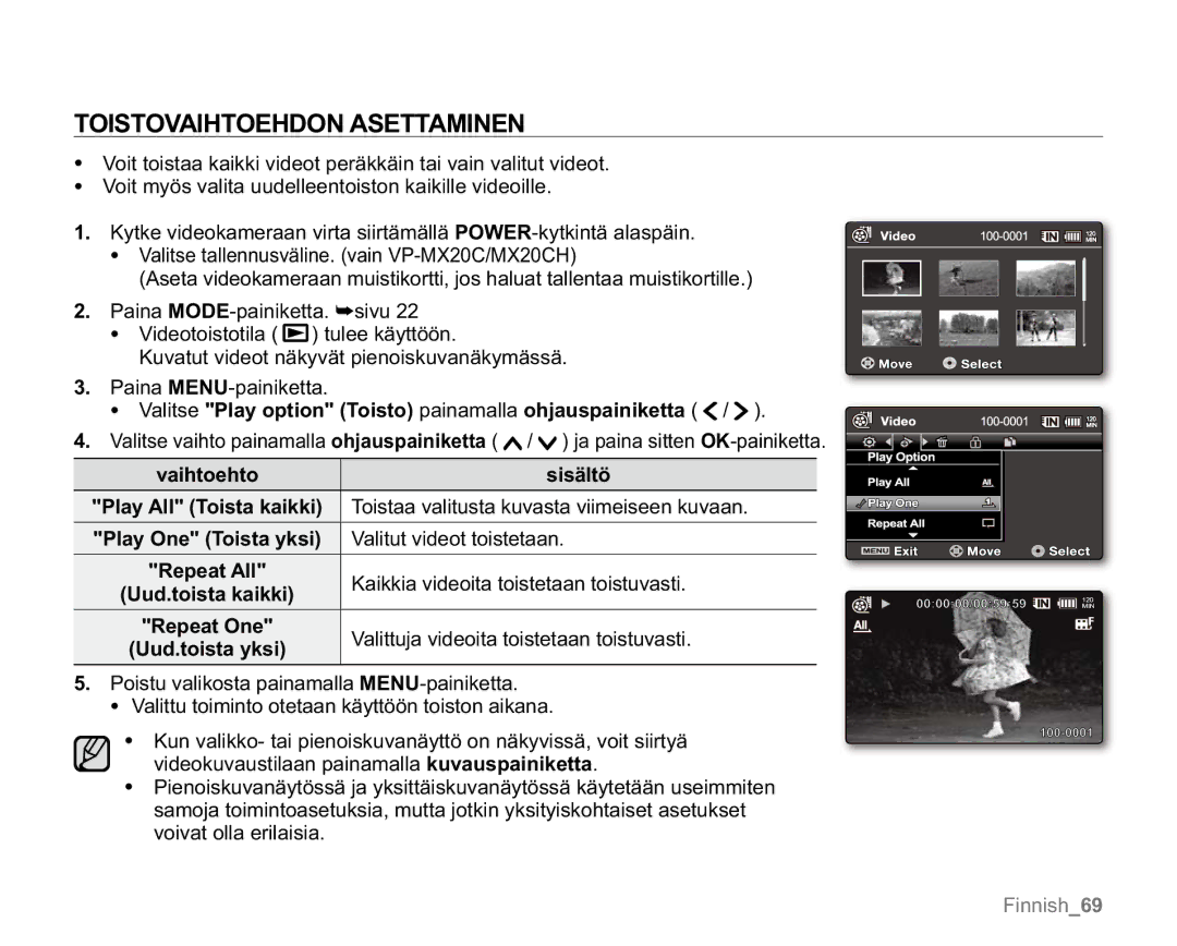 Samsung VP-MX20R/EDC, VP-MX20/EDC, VP-MX20L/EDC, VP-MX20H/EDC, VP-MX20/XEU manual Toistovaihtoehdon Asettaminen 