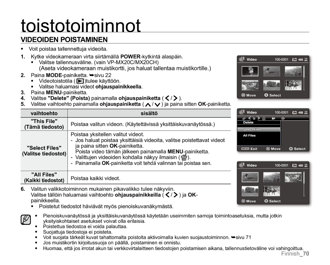 Samsung VP-MX20/EDC, VP-MX20R/EDC, VP-MX20L/EDC, VP-MX20H/EDC, VP-MX20/XEU manual Videoiden Poistaminen, Tämä tiedosto 