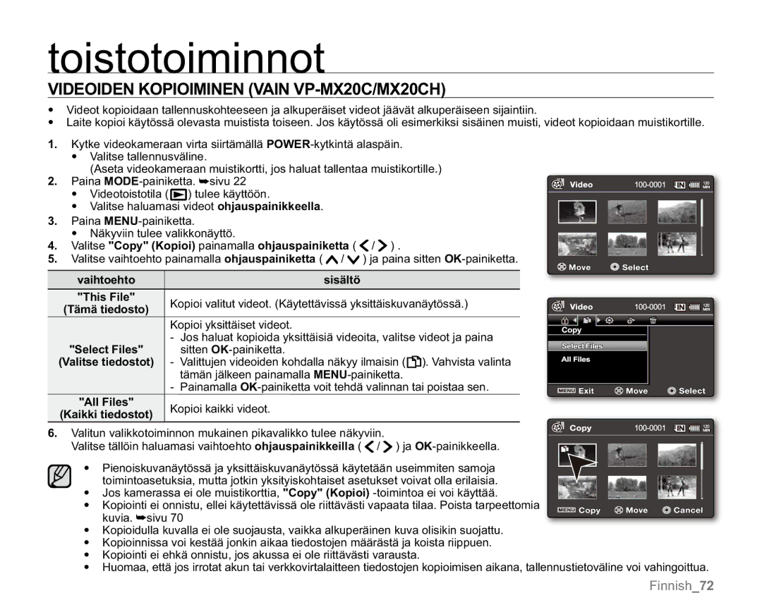 Samsung VP-MX20H/EDC, VP-MX20R/EDC, VP-MX20/EDC, VP-MX20L/EDC manual Videoiden Kopioiminen Vain VP-MX20C/MX20CH, Tämä tiedosto 