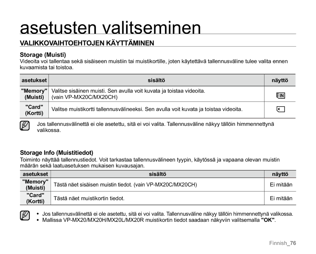 Samsung VP-MX20L/EDC, VP-MX20R/EDC, VP-MX20/EDC Valikkovaihtoehtojen Käyttäminen, Storage Muisti, Storage Info Muistitiedot 