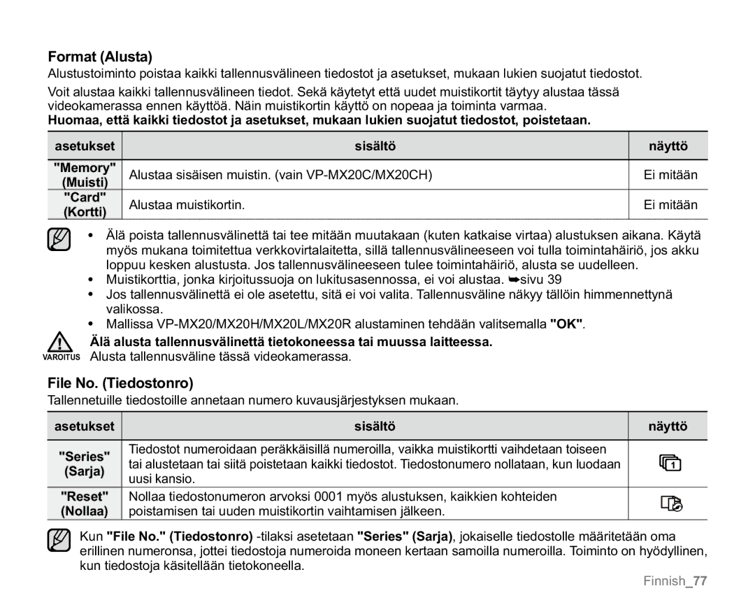 Samsung VP-MX20H/EDC, VP-MX20R/EDC, VP-MX20/EDC manual Format Alusta, File No. Tiedostonro, Alustaa muistikortin, Nollaa 