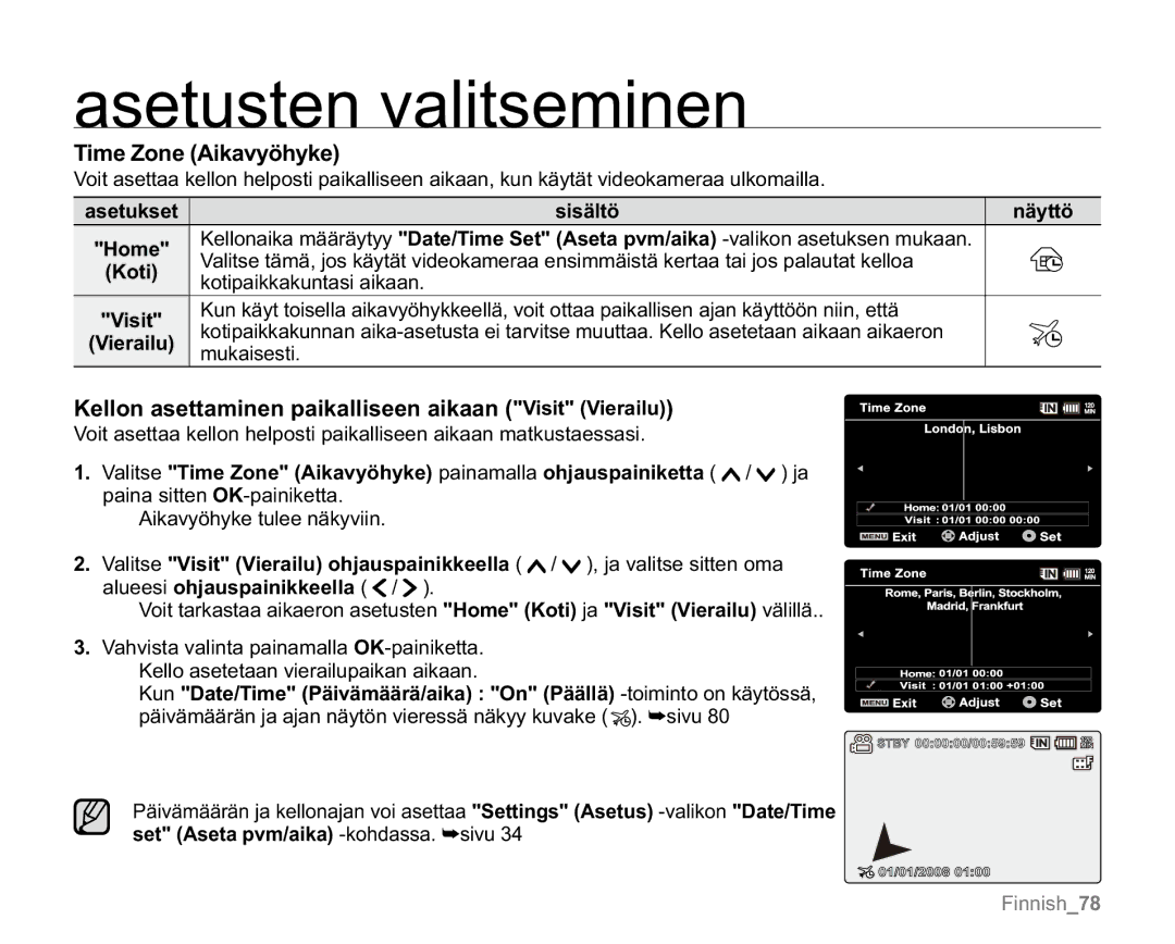 Samsung VP-MX20/XEU, VP-MX20R/EDC manual Time Zone Aikavyöhyke, Kellon asettaminen paikalliseen aikaan Visit Vierailu, Koti 