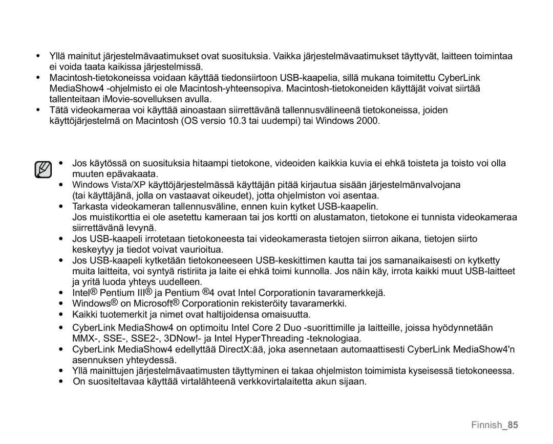 Samsung VP-MX20/EDC, VP-MX20R/EDC, VP-MX20L/EDC, VP-MX20H/EDC, VP-MX20/XEU manual Finnish85 