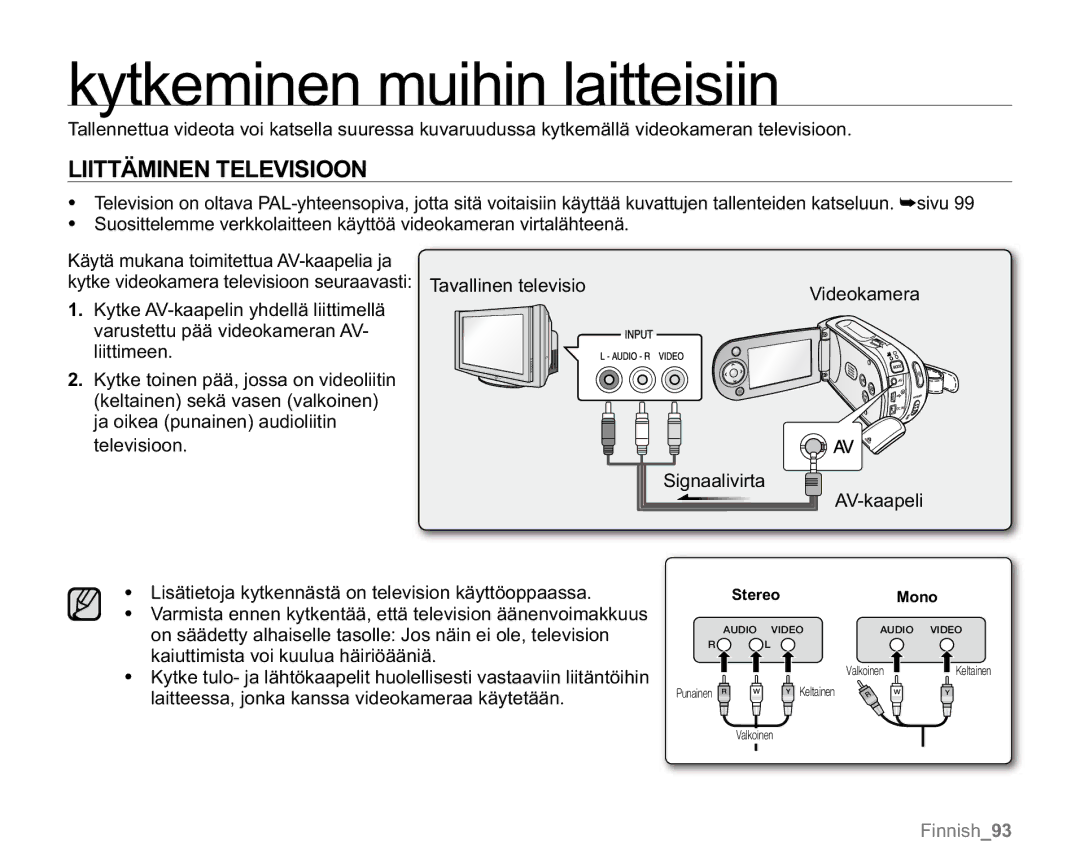 Samsung VP-MX20/XEU, VP-MX20R/EDC, VP-MX20/EDC, VP-MX20L/EDC manual Kytkeminen muihin laitteisiin, Liittäminen Televisioon 