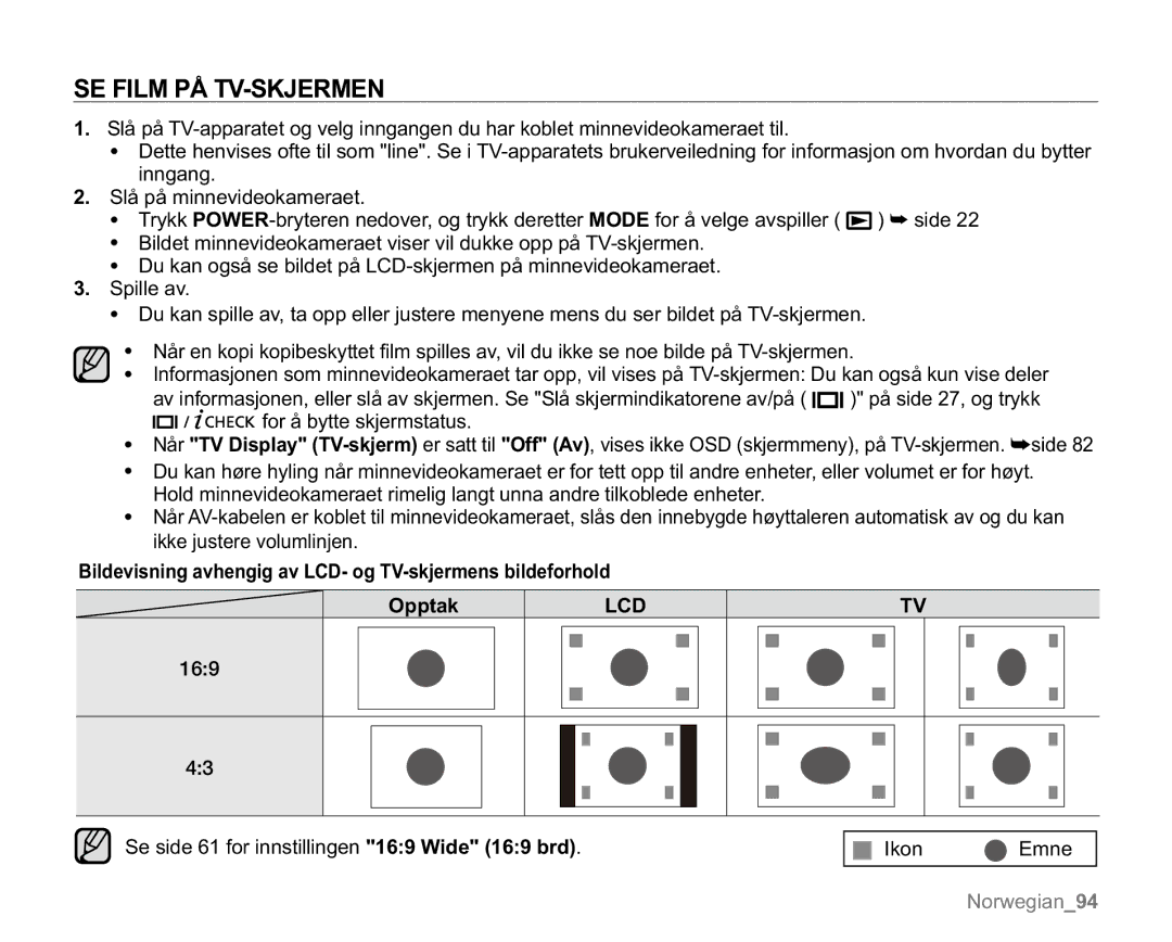 Samsung VP-MX20R/EDC, VP-MX20/EDC SE Film PÅ TV-SKJERMEN, Lcd, Se side 61 for innstillingen 169 Wide 169 brd Ikon Emne 