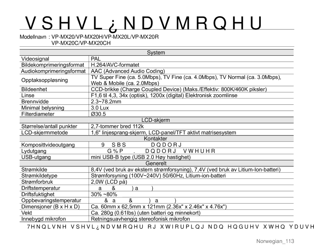 Samsung VP-MX20/XEU, VP-MX20R/EDC manual Modellnavn VP-MX20/VP-MX20H/VP-MX20L/VP-MX20R, VP-MX20C/VP-MX20CH, Videosignal, Pal 