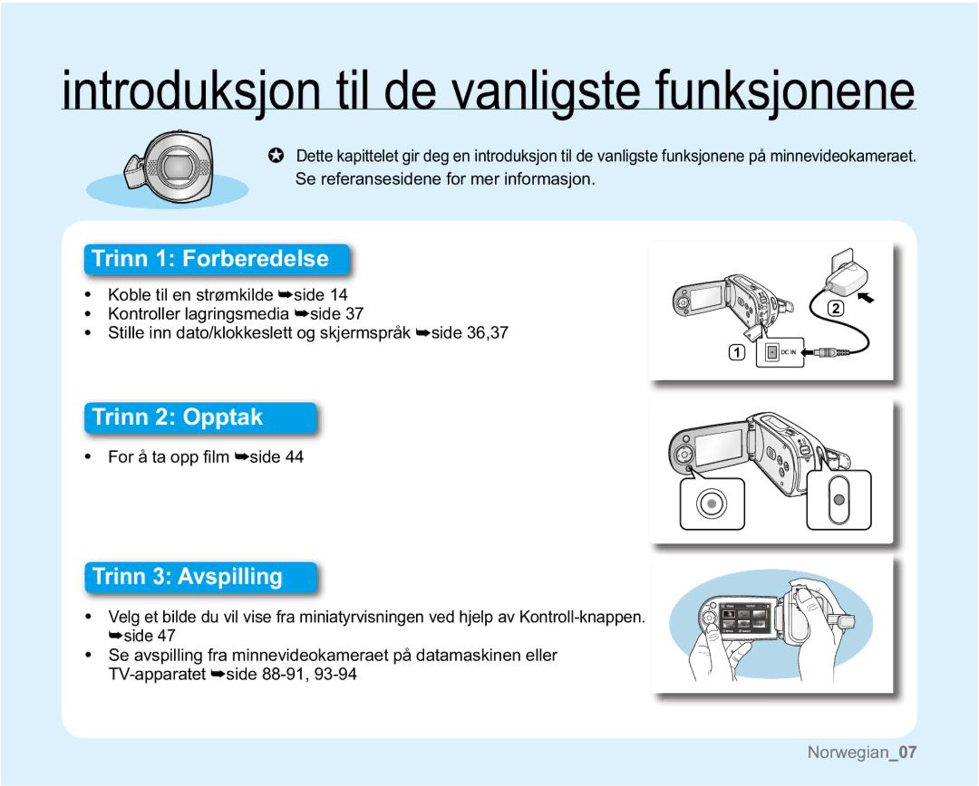 Samsung VP-MX20H/EDC, VP-MX20R/EDC, VP-MX20/EDC manual Introduksjon til de vanligste funksjonene, RUnWDRSS¿OP²side 