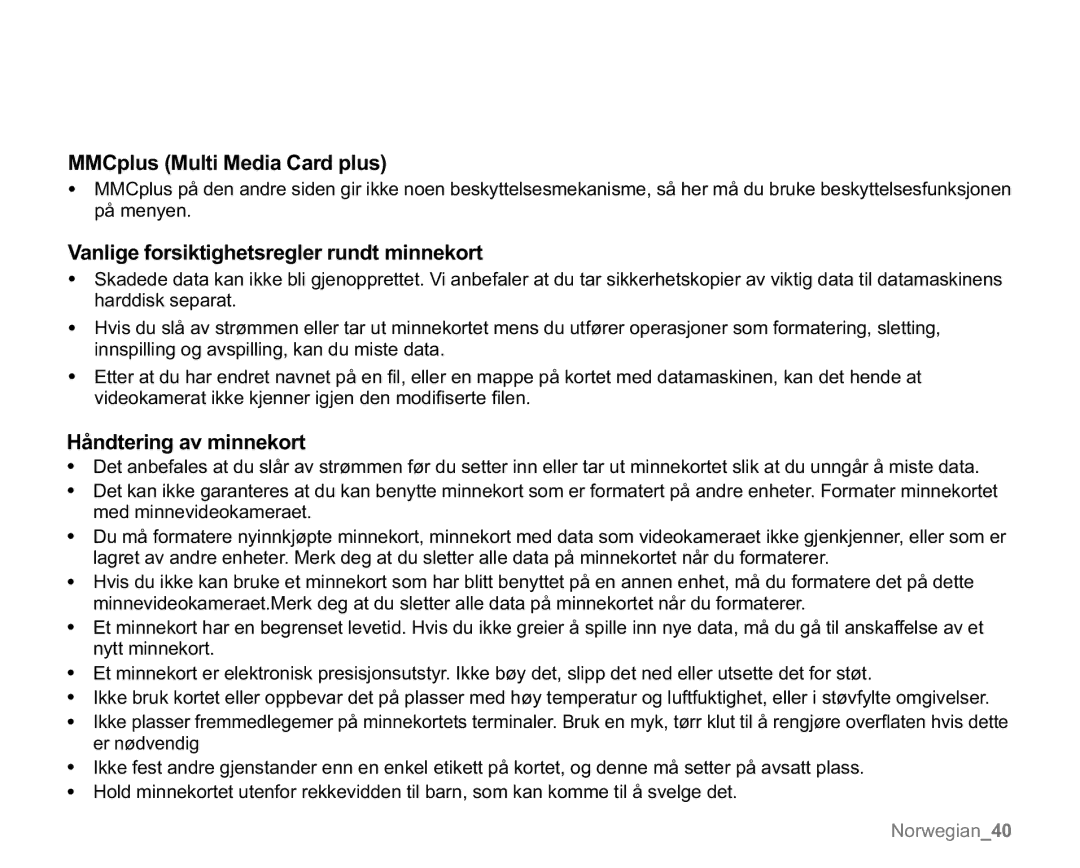 Samsung VP-MX20/EDC MMCplus Multi Media Card plus, 9DQOLJHIRUVLNWLJKHWVUHJOHUUXQGWPLQQHNRUW, +nQGWHULQJDYPLQQHNRUW 