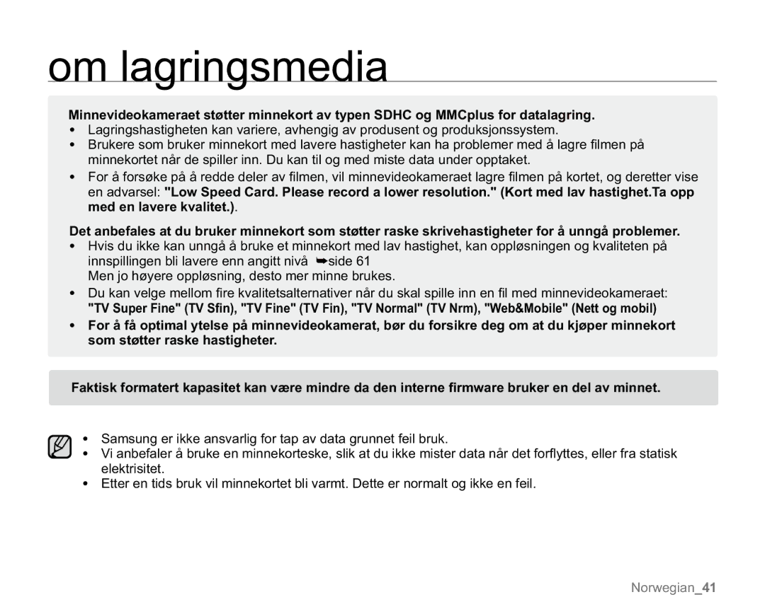 Samsung VP-MX20L/EDC manual VrpVw¡WwhuUdvnhKdvwljkhwhu, Samsung er ikke ansvarlig for tap av data grunnet feil bruk 