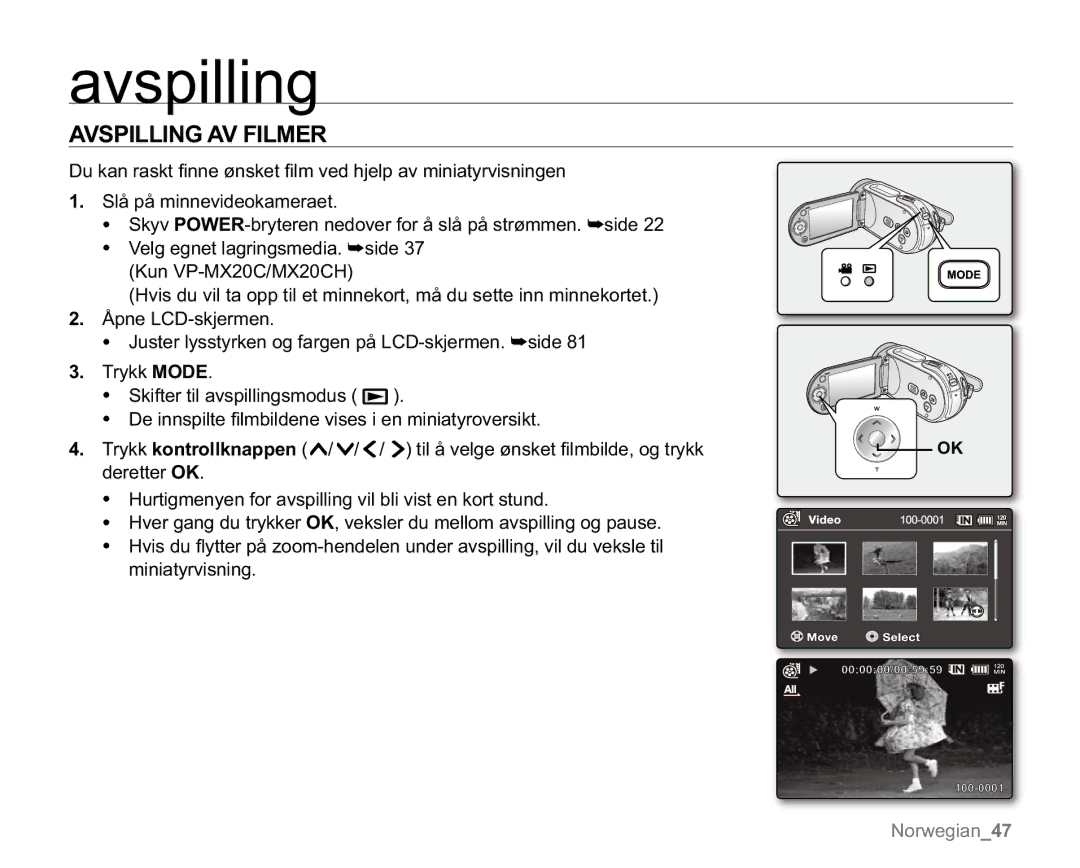 Samsung VP-MX20H/EDC manual Avspilling, $963,//,1*$9,/05, NdqUdvnw¿Qqh¡Qvnhw¿OpYhgKmhosDyPlqldw\Uylvqlqjhq 