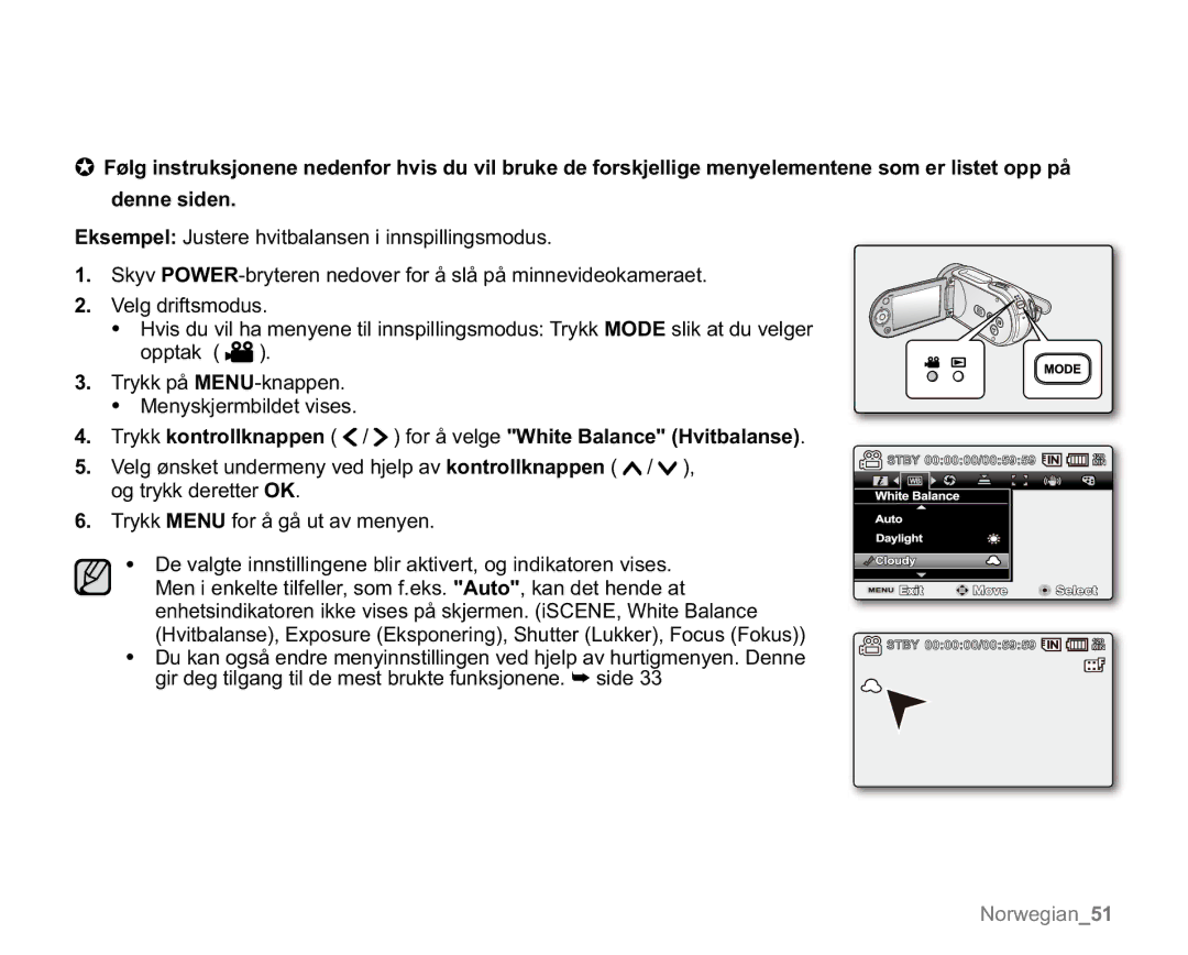 Samsung VP-MX20L/EDC, VP-MX20R/EDC, VP-MX20/EDC, VP-MX20H/EDC Trykk kontrollknappen / for å velge KLWH%DODQFH Hvitbalanse 