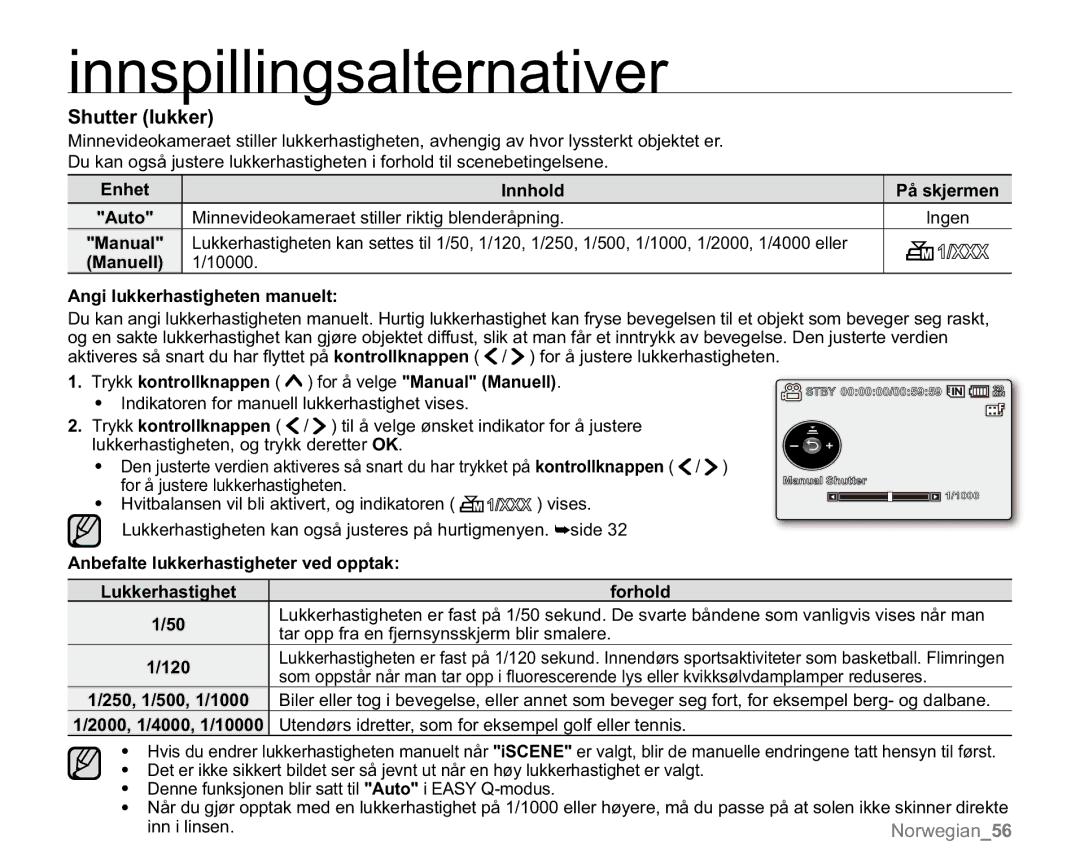 Samsung VP-MX20L/EDC, VP-MX20R/EDC, VP-MX20/EDC, VP-MX20H/EDC, VP-MX20/XEU Shutter lukker, Angi lukkerhastigheten manuelt 