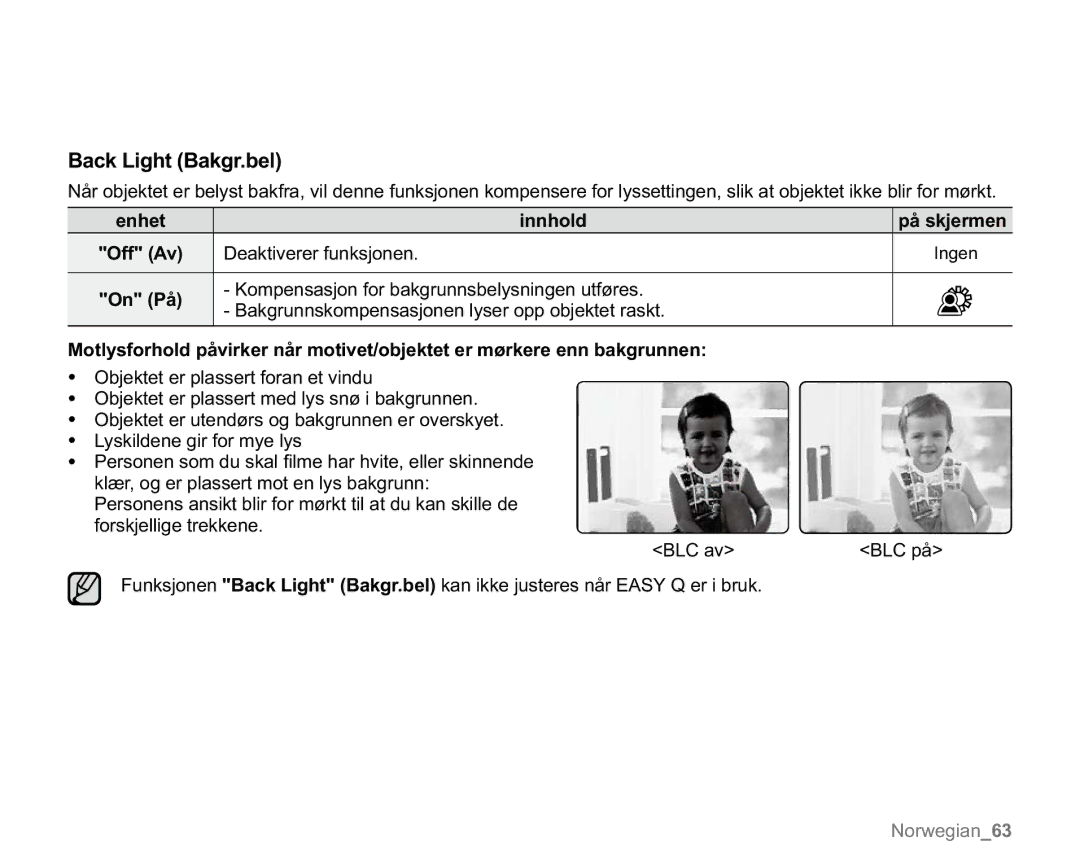 Samsung VP-MX20/XEU, VP-MX20R/EDC, VP-MX20/EDC manual Back Light Bakgr.bel, Kompensasjon for bakgrunnsbelysningen utføres 