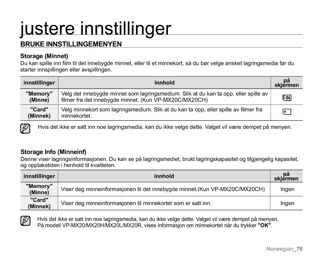 Samsung VP-MX20L/EDC Bruke Innstillingemenyen, Storage Minnet, Storage Info Minneinf, Innstillinger Innhold, Minnekortet 