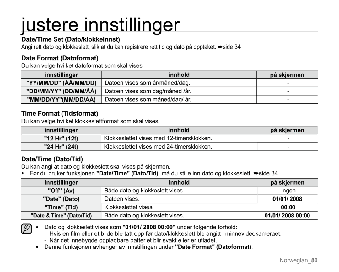 Samsung VP-MX20/EDC Date/Time Set Dato/klokkeinnst, Date Format Datoformat, Time Format Tidsformat, Date/Time Dato/Tid 