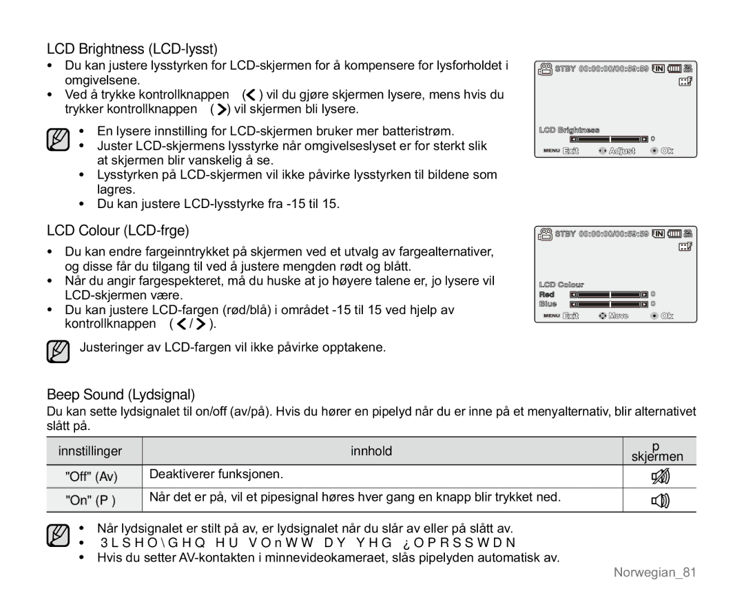Samsung VP-MX20L/EDC, VP-MX20R/EDC, VP-MX20/EDC manual LCD Brightness LCD-lysst, LCD Colour LCD-frge, Beep Sound Lydsignal 