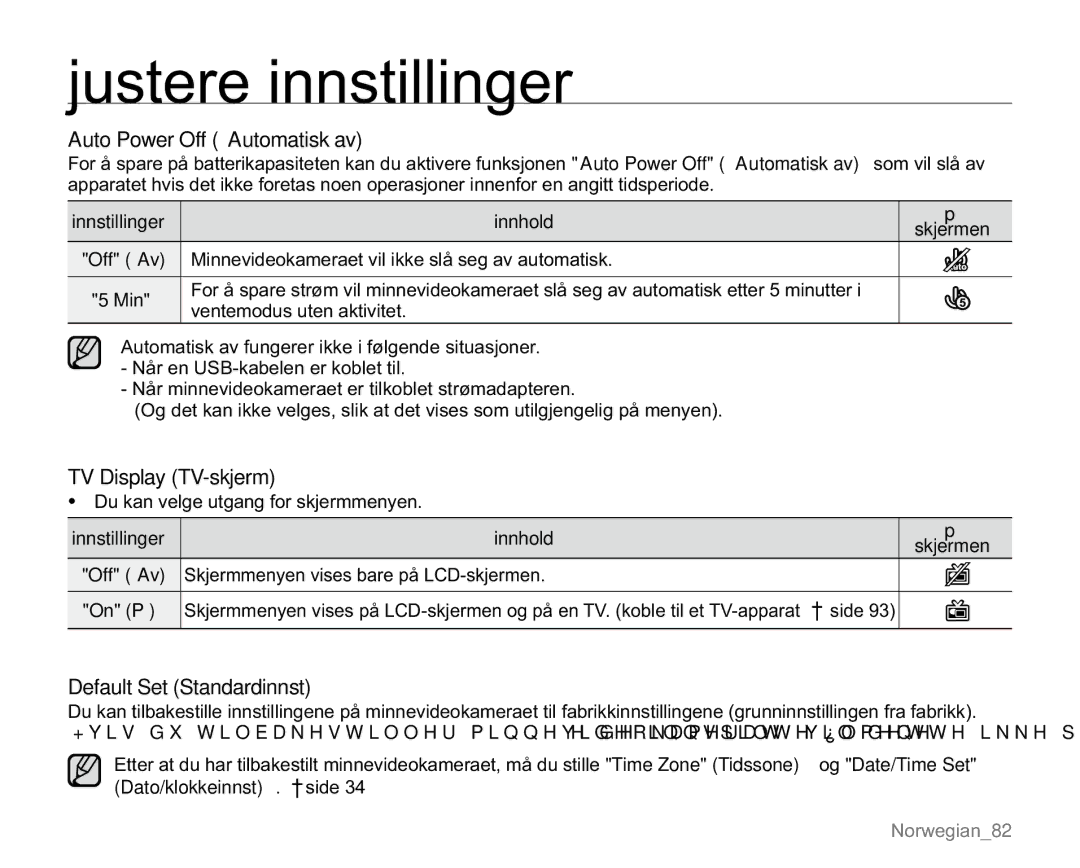 Samsung VP-MX20H/EDC, VP-MX20R/EDC manual Auto Power Off Automatisk av, TV Display TV-skjerm, Default Set Standardinnst 