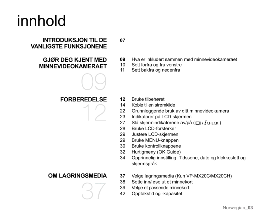 Samsung VP-MX20/XEU manual Innhold, 17528.6-217,/ $1/,*6781.6-211 ‘5*.-170, 119,2.$05$7, 25%5/6, 20/$*5,1*60,$ 